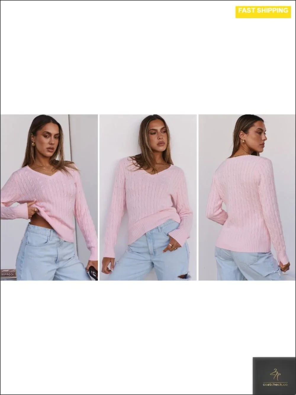Women's Cable Knit V Neck Fitted Sweater Long Sleeve Pullover Top Soft Cozy